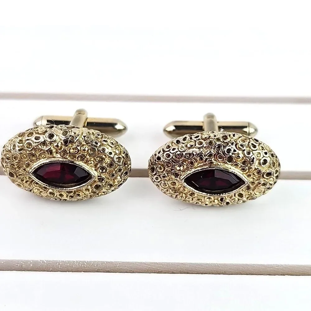 Vintage Cufflinks Gold Tone Filigree Black Foil Red Etched Ovals Unisex 4 Sets